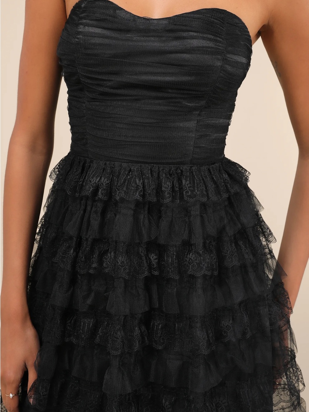 Immensely Exquisite Black Tulle Strapless Tiered Midi Dress - Picture 3 of 6